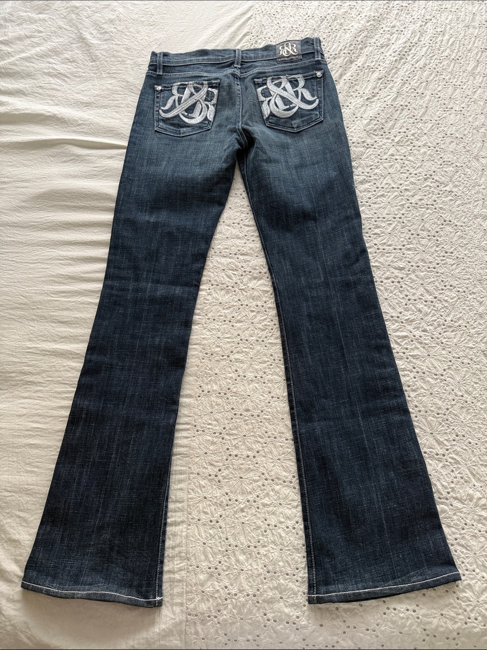 Y2K Rock & Republic Low Rise Dark Blue Flare Jeans with Embroidered Back Pockets